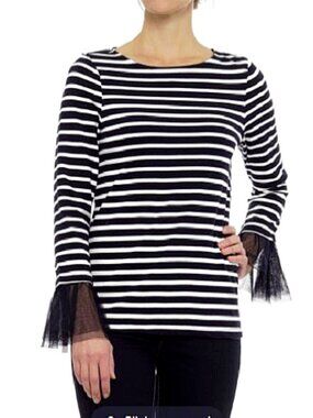 Beach Lunch Lounge Syla Striped Knit Top M Long Sleeves Tulle Cuffs Indigo White